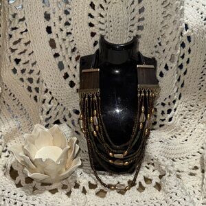 Boho Multi-Strand Wood & Bead Statement Necklace in Brown and Gold